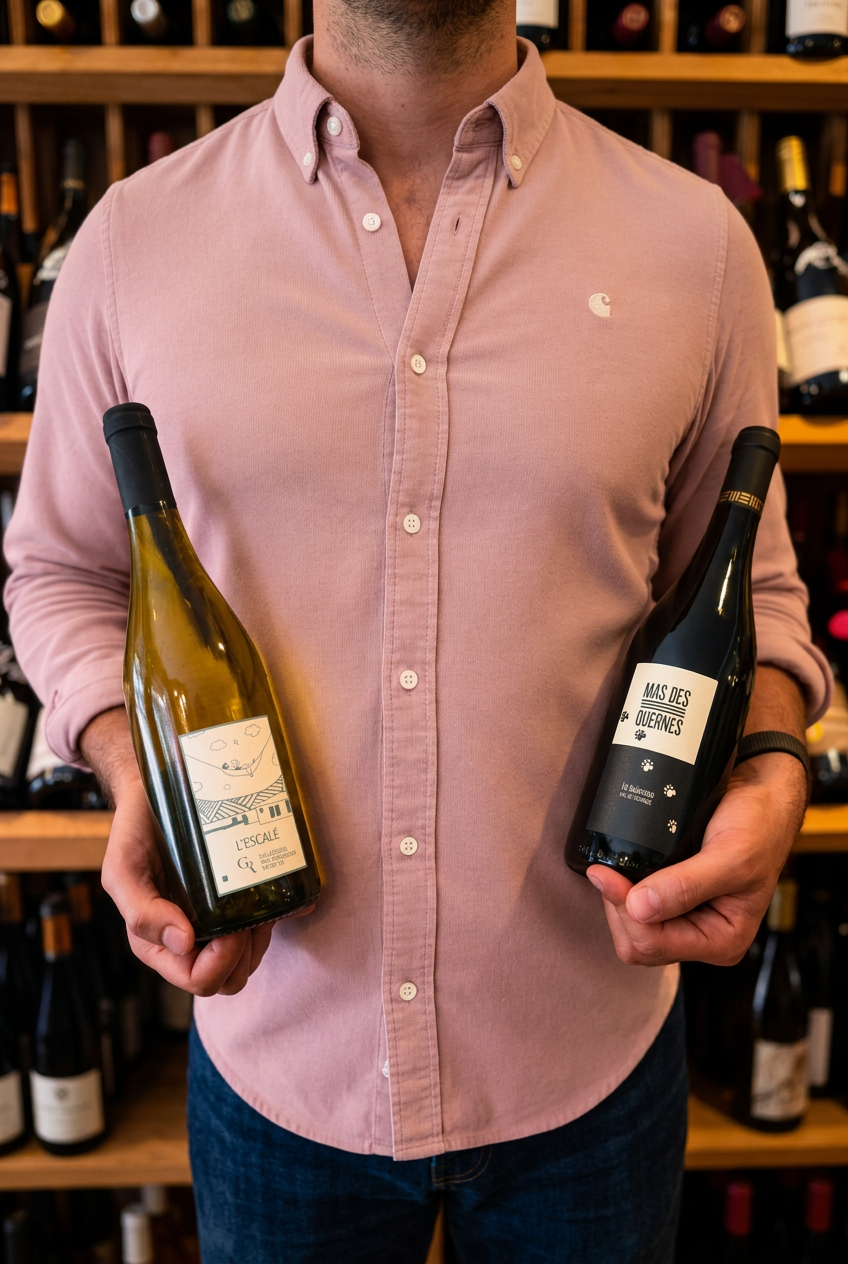 Une personne présente deux bouteilles de vin, L’Escale et Mas des Quernes, dans la cave Oenofeel.
